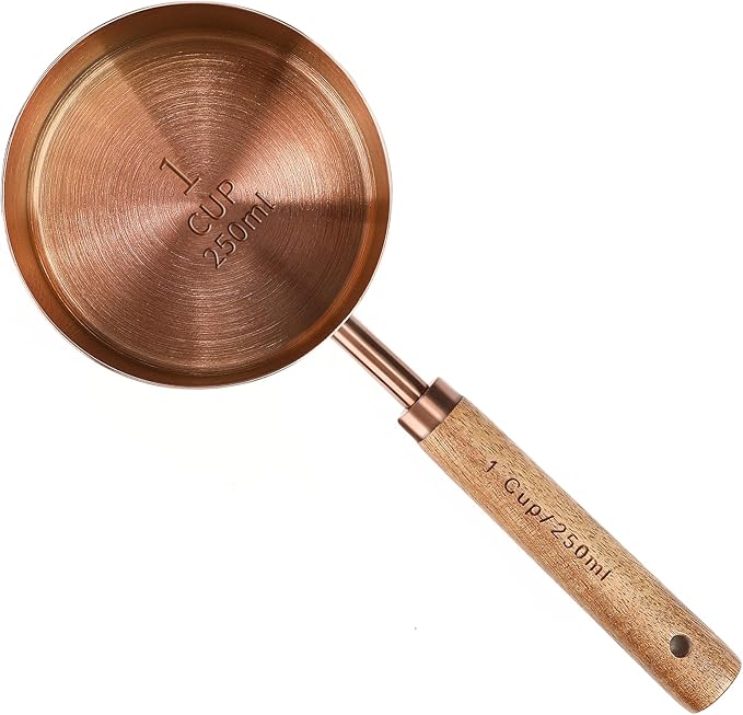 Measuring Cup with Wooden Handle, 1 Cup Titanium-plating 250ml Stainless Steel, Rose Gold