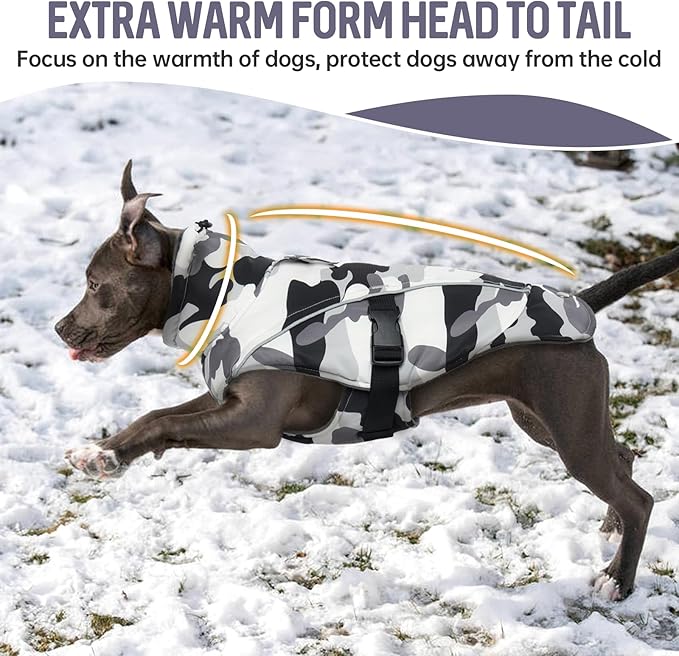 DENTRUN Large Dog Coat - Thick Fleece Lined Reflective Winter Jacket, Snap Closure & Leash Hole, Warm Thick Fleece Lined, Plush Turtleneck Vest for German Shepherd, White Camo, XXL