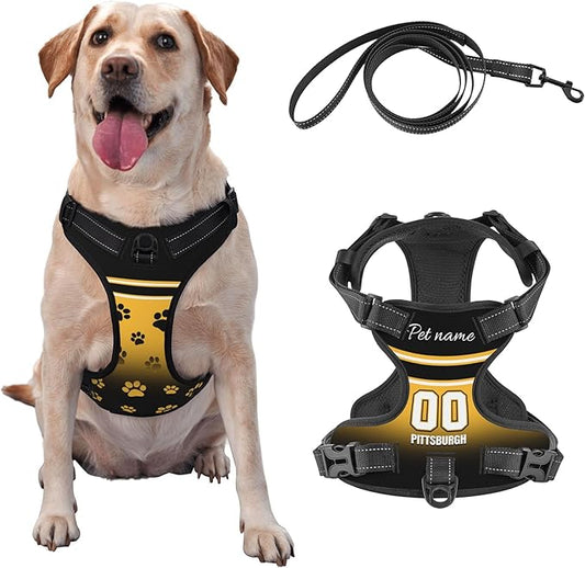 Custom Pittsburgh Dog Harness with Reflective Stripes Personalized Name and Number Dog Vest Harness with Pet Traction Rope for Small Medium Large Dog