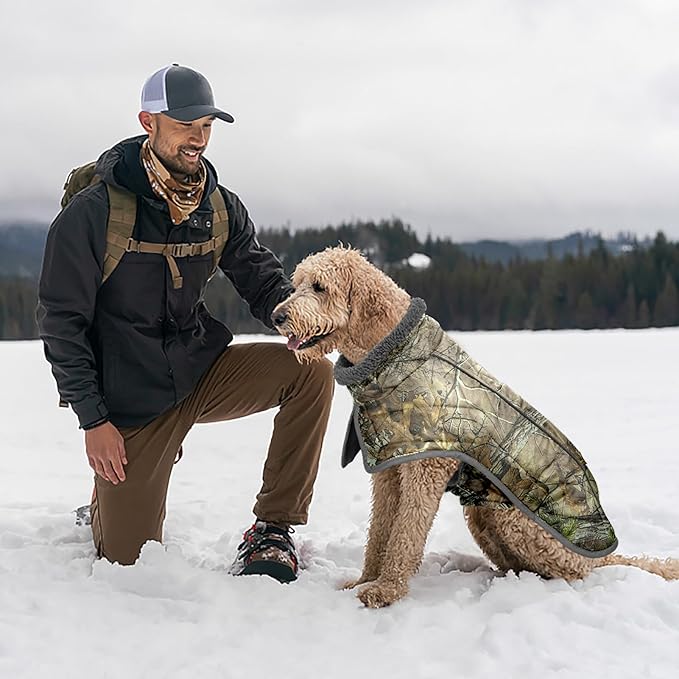 Fragralley Dog Coat Large, Waterproof Dog Jacket with Warm Fleece Lining, Adjustable Reflective Dogs Winter Coat, Turtleneck Pet Coats for Cold Weather (Reed Camouflage XL)