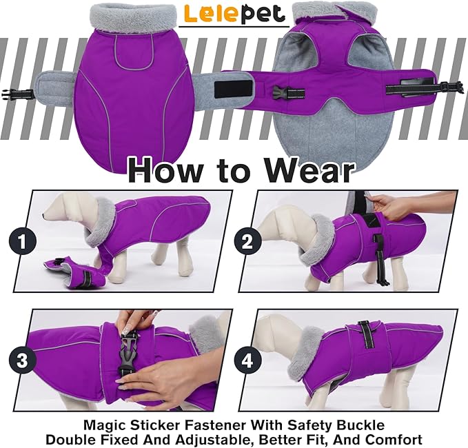 Lelepet Warm Dog Winter Coats for Extra Large Dogs Waterproof Dog Jacket Reflective Pet Fleece Vest Windproof Cold Weather Coats with Adjustable Buckle & Leash Hole, Purple, XXXL