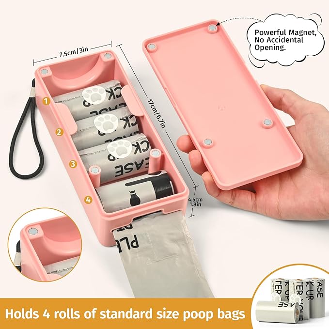 Dog Poop Bag Dispenser, Wall-Mounted dispenser Outdoor or Indoor for Doggy and Pets, Pink Dog Poop Bag Holder for Yard and Park, Included 4 Rolls (60 Bags)
