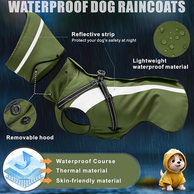Mosucoirl Dog Raincoat Waterproof Raincoats for Dog Reflective Dogs Rain Jackets with Hood Hoodie Pet Rain Poncho Coat for Small Medium Large Dogs Puppies S-XXL (Green, L)