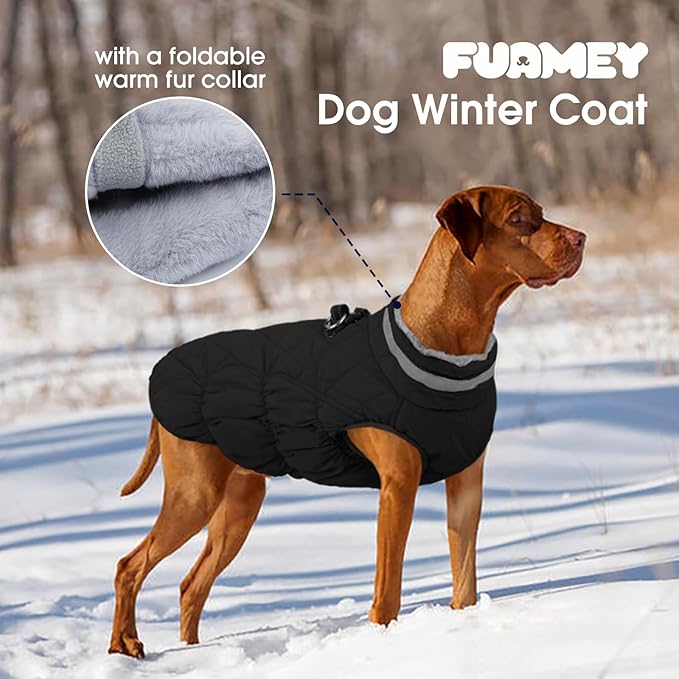 FUAMEY Dog Coat for Large Dogs,Waterproof Dog Winter Jacket with Harness Built in Puppy Cold Weather Coats Reflective Pet Vest with Zipper Warm Fleece Dogs Snowsuit Windproof Solid Black 2XL