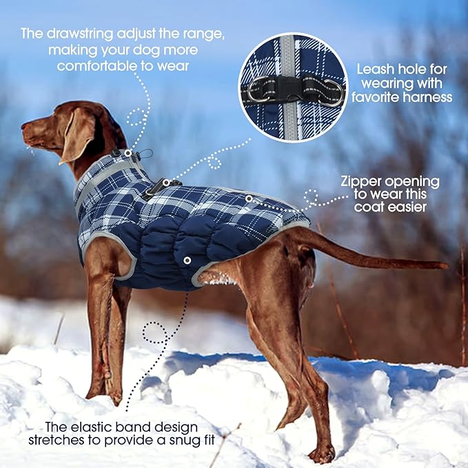 FUAMEY Dog Coat for Large Dogs,Waterproof Dog Winter Jacket with Harness Built in Puppy Cold Weather Coats Reflective Pet Vest with Zipper Warm Fleece Dogs Snowsuit Windproof Blue Plaid 3XL