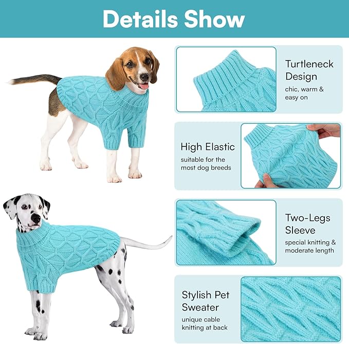 Queenmore Large Dog Sweater,Dog Sweaters for Large Dogs Male Female,Thanksgiving Fall Knit Sweater for Dogs,Turtleneck Thick DogSweaters,Knitwear Pet Clothes for Corgi,French Bulldog(Lake Blue,L)