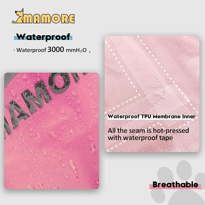 MAMORE Dog Raincoat Hooded Rain Jacket for Small Medium Large Dogs Slicker Poncho Bottom Waterproof Adjustable Reflective Breathable Leash Hole (Pink, X-Large)