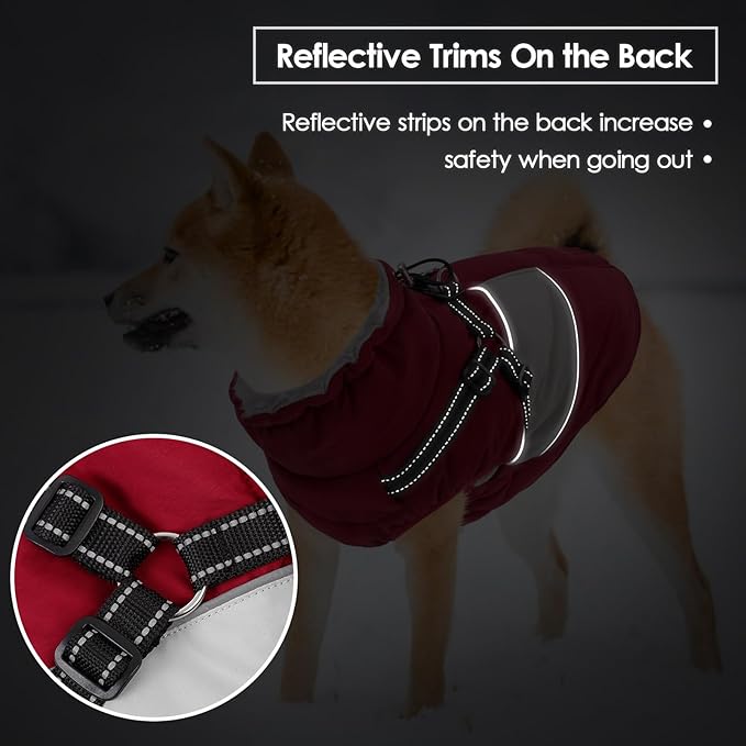 SUNFURA Dog Winter Coat, Waterproof Dog Coat Jacket with Harness for Medium Dogs Boys Girls, Reflective Fleece Lined Pet Snow Jacket Sweaters for Pug, Jack Russel, Boston Terrier, Burgundy M