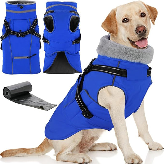 Doglay 2 in 1 Dog Coat with Harness Built-in, Waterproof Dog Winter Jacket with Pocket & Poop Bags, Reflective Adjustable Pet Winter Coat for Small, Medium, Large Dogs