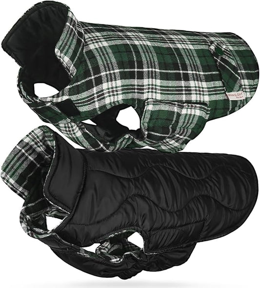 VIVAGLORY Softjoy Dog Coat, Dog Jacket for Winter & Christmas, Coat with Harness Hole & Velcro Closure, Reversible Plaid Checkered Warm Fluffy Heavy Duty for Puppy, S, Green