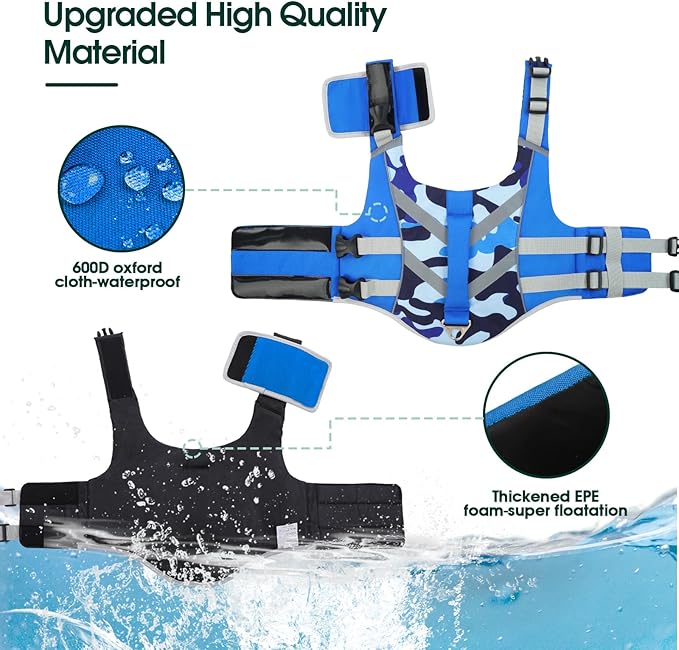 Kuoser Dog Life Jacket with Reflective Stripes - Adjustable High Visibility Vest, Ripstop Lifesaver, Pet Preserver with High Flotation Swimsuit for Small, Medium and Large Dogs