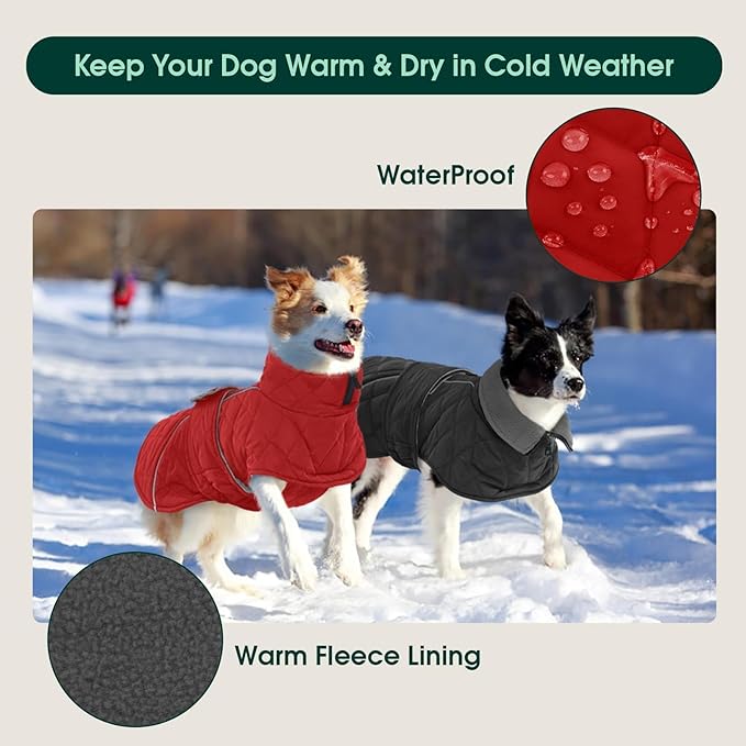 Kuoser Extra Warm Dog Jacket, Windproof Dog Coat Cold Weather Clothes with Fleece Lining for Large Dogs, Turtleneck Pet Snowsuit Reflective Adjustable Winter Clothes, Red XL
