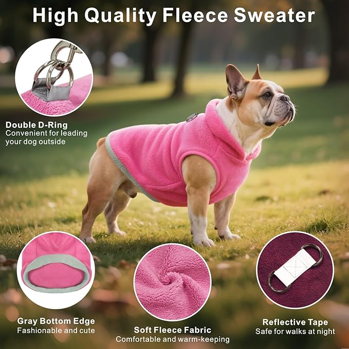 Idepet 2 Pack Dog Fleece Vest Sweater Warm Pullover Jacket with D-Ring Leash Reflective Winter Coat Hoodie for French Bulldog Pug Chihuahuas Yorkies Dachshunds(Red&Rose Red,Large-French Bulldog)