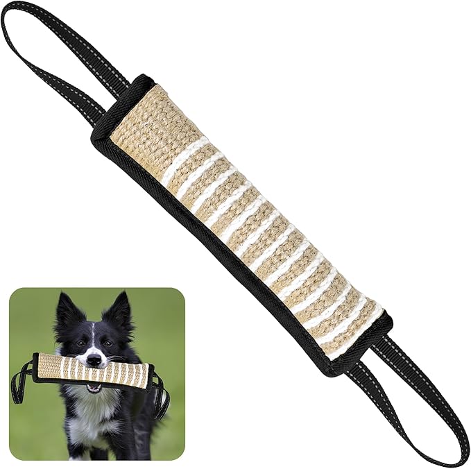 ToLanbbt Dog Tug Toy Bite Jute Pillow Pull Toy with 2 Strong Handles Perfect for Tug of War, Puppy Interactive Play, Tear Resistant Bite Training for Small Medium Large Dogs(Black-Line)
