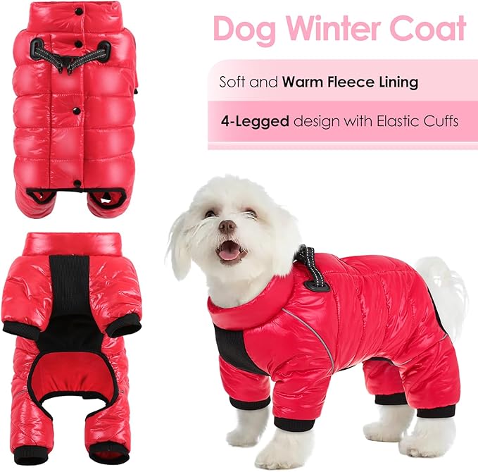 AOFITEE Dog Coat, Waterproof Dog Winter Jacket, Warm Fullbody Dogs Snowsuit, Winter Coat for Small Dogs, Zip Up Pet Puffer Jacket Fleece Vest, Outdoor Reflective Cold Weather Pet Coats, Christmas Red