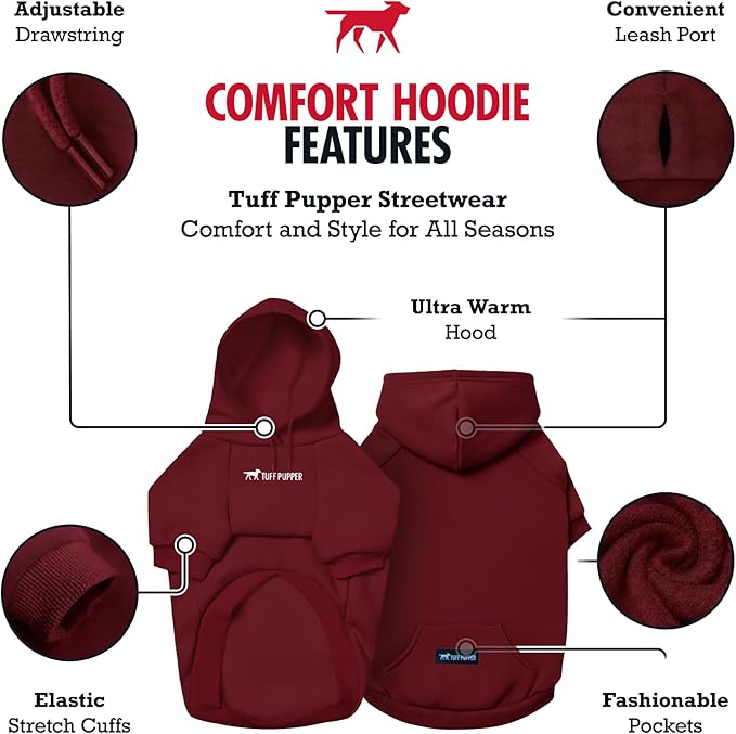 Tuff Pupper Dog Hoodie | Premium Quality 100% Organic Cotton | Ultra Soft Interior for Superior Comfort | Elastic Cuffs & Drawstring for Warmth | Stretch Fit Suitable for All Breeds (Red, S)