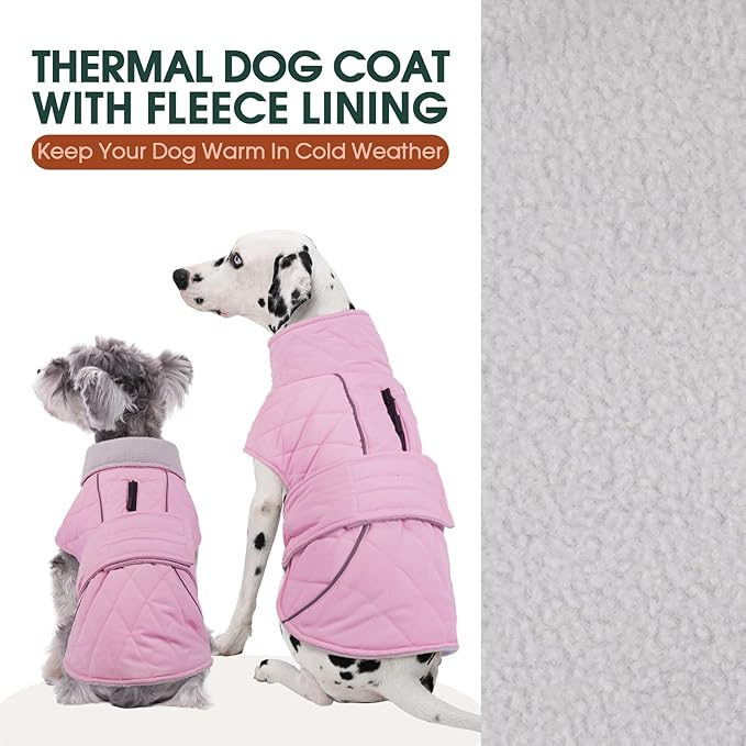 Kuoser Dog Coat, Extra Warm Dog Jacket Windproof Dogs Cold Weather Coats for Medium Dogs, Fleece Lining Turtleneck Puppy Snowsuit Reflective Adjustable Pet Winter Clothes Christmas, Pink M
