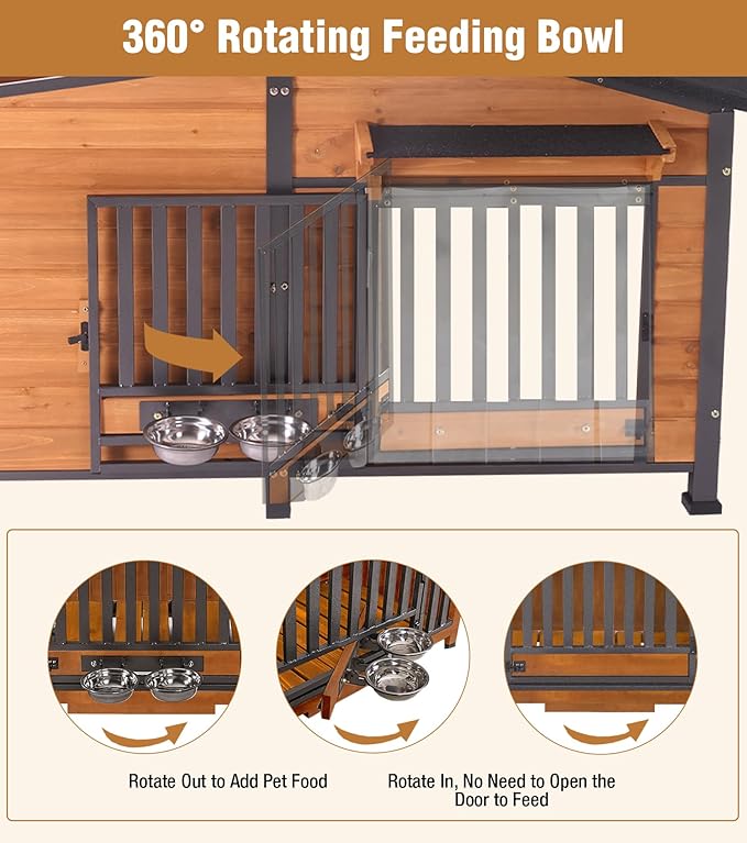 GUTINNEEN Extra Large Heated Dog House Outdoor with Chew-Proof Iron Frame, Waterproof Dog Kennel with Smart Heating Pad, 360° Rotating Feeding Bowl, for Large Dog Breeds