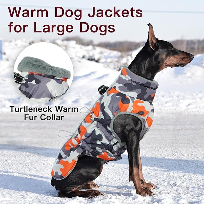 Dog Coat Dog Winter Jacke XX Large Warm Dog Coat Zip Up Snowsuit Dog Harness Vest Reflective Water-Resistant Dog Coat Dog Snow Jacket for Large Dogs Border Collie, Pit Bull, Orange-Camouflage
