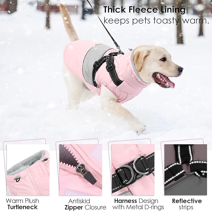 AOFITEE Dog Coat, Large Dog Jacket, Dogs Coat with Harness Built in, Reflective Waterproof Dogs Jackets Winter with Furry Collar, Warm Polar Fleece Pet Sweater Snowsuit for Doberman, Great Dane, XXL