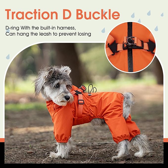 BRKURLEG Dog Raincoat for Small Dogs, Small Dog Rain Jacket with Harness Built in, Waterproof 4 Legs Pet Raincoats, Puppy Outdoor Jacket with Reflective Strip, Orange, M