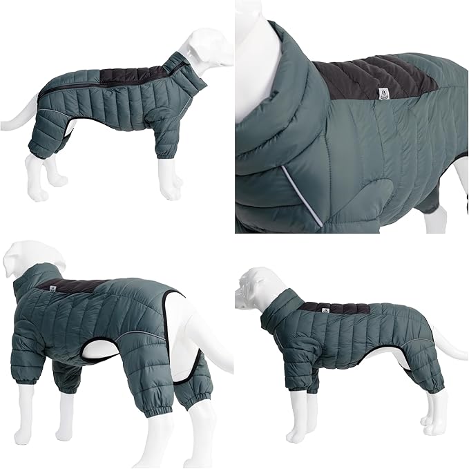 Lovelonglong Dog Coat Dog Warm Jacket, 4 Legs Covered Waterproof Windproof Reflective Warm Dog Vest, Zippered Adjustable Outdoor Dog Snow Jacket for Small Medium Large Dogs ArmyGreen XL