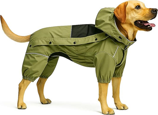 LOVELONGLONG Fleece-Lined Dog Raincoat with Removable Hood – Waterproof Winter Full Body Dog Jacket – Windproof Snowproof Cold-Weather Suit – Green-F 4XL