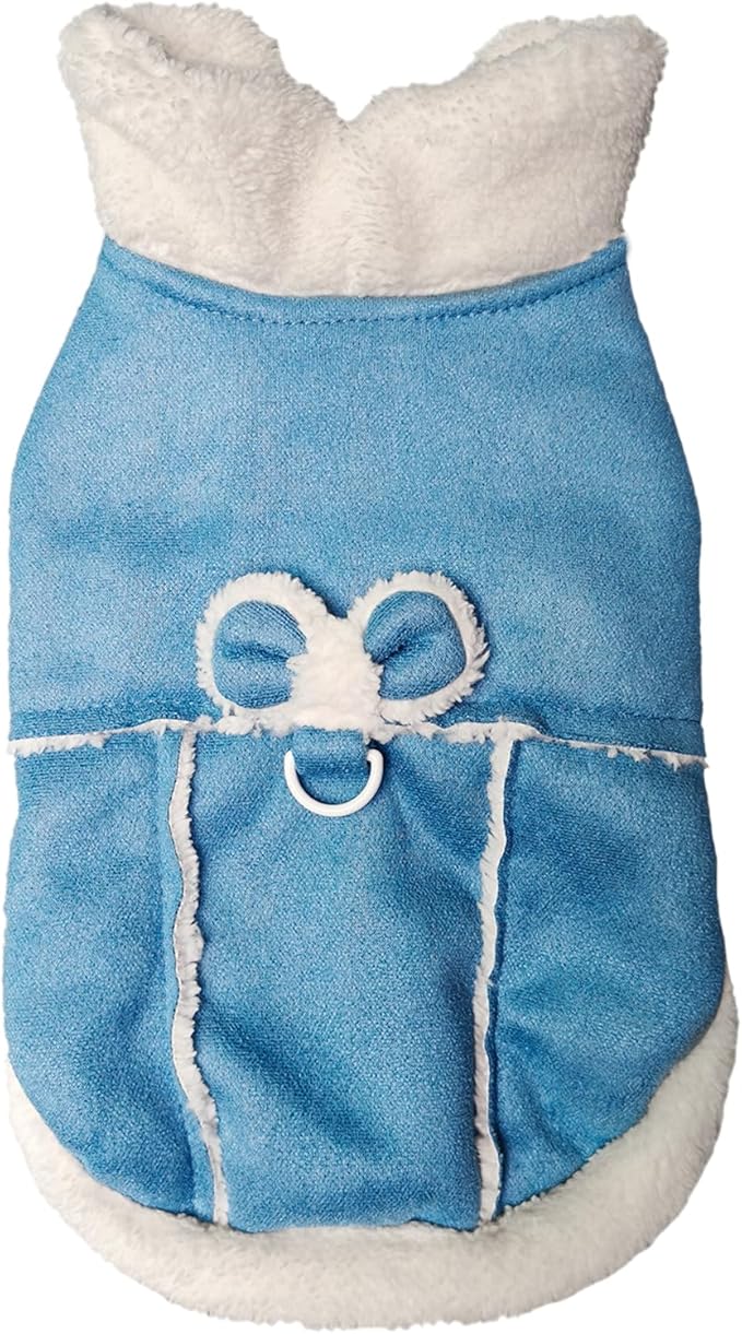 Jecikelon Bowtie Dog Cold Weather Coat Fleece Lining Warm Pet Puppy Turtleneck Dogs Winter Clothes for Small Dogs with D-Ring (Blue, X-Small)