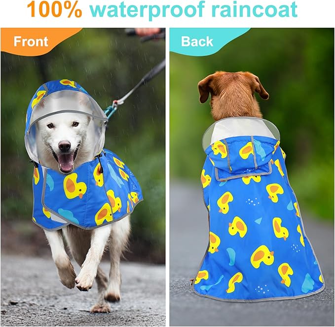 Reflective Dog Raincoat, Waterproof Dog Rain Jacket Hooded Poncho, Adjustable Rain Coat with Storage Pocket for Medium Dogs (Blue, Medium)
