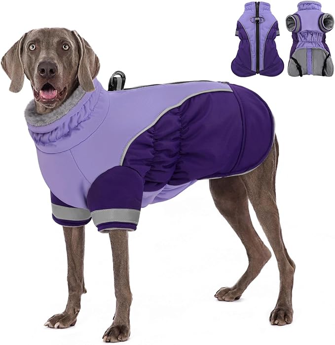 AOFITEE Dog Coat- Two Legged Large Dog Winter Jacket - Zipper Dogs Cold Weather Coat with Harness, Warm Pet Puffer Jackets Reflective Pet Snow Coats for French Bulldog, Boston Terrier, Purple L