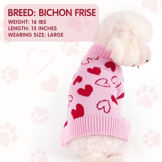 cyeollo Dog Sweaters for Small Dogs Valentines Day Dog Clothes Heart Pattern Turtleneck with Leash Hole Holiday Outfit Pet Apparel Pullover Sweaters for Dogs Pink