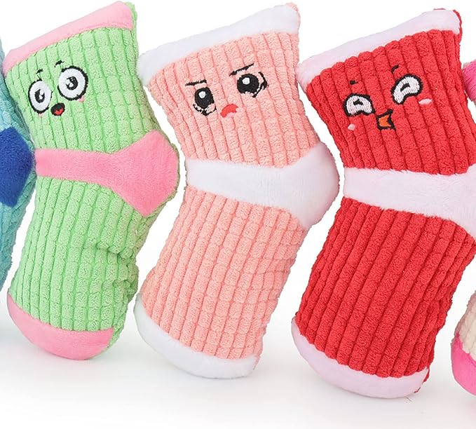 Squeaky Plush Dog Toy - Funny Stuffed Socks for Small Medium Dogs - Cute Pet Chew Toy Birthday Gift (White Pink)