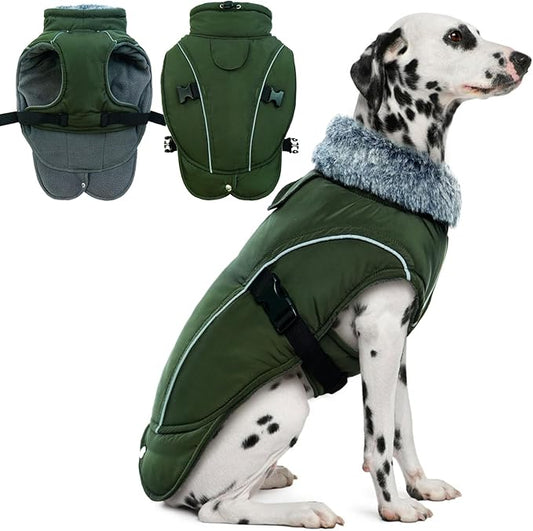 DENTRUN Extra Large Warm Dog Jacket - Windproof Water Repellent Reflective Coat, Adjustable Plush Turtleneck, Easy Wear Fleece Lined Cold Weather Vest for Great Dane, Army Green, XXXL