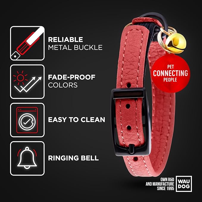 Leather Cat Collar with Bell and Safety Elastic Strap Breakaway Alternative for Small & Large Kittens, Stylish Pet Leather Collar for Boy, Girl Cats with Metal Buckle & QR ID Tag (Red)