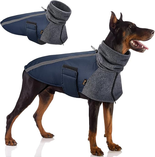 SlowTon Winter Dog Coat, Warm Polar Fleece Lining Doggie Outdoor Jacket with Turtleneck Scarf Reflective Stripe Adjustable Waterproof Windproof Puppy Vest Soft Pet Outfits (XXL,Dark Blue)
