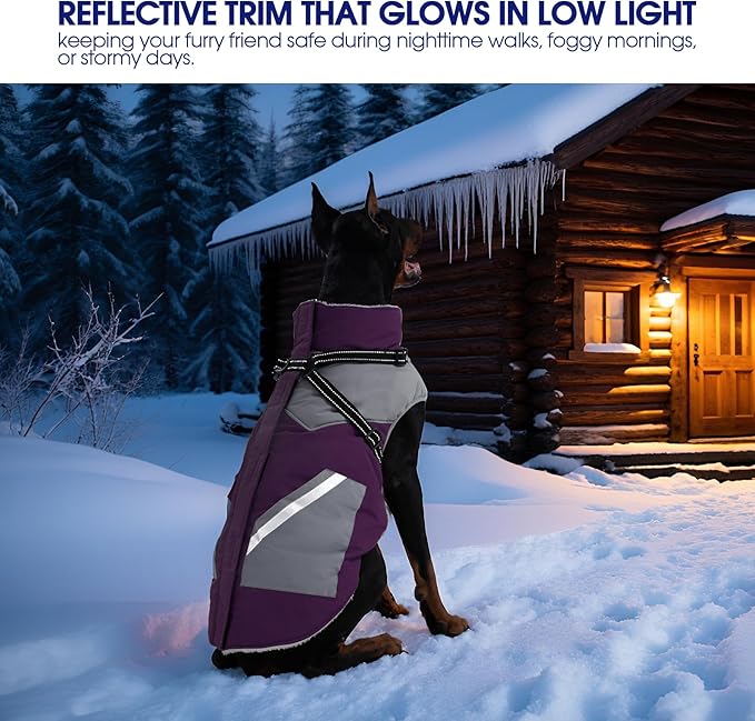 FUAMEY Dog Winter Jackets for Small Dogs,Dog Coat with Harness Built in,Waterproof Dogs Snowsuits Warm Pet Jacket Zip Up Fleece Cold Weather Coats Reflective Puppy Vest with Pocket Purple XS