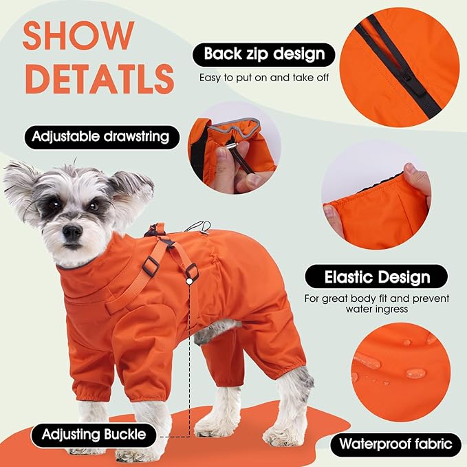 BRKURLEG Dog Raincoat for Small Dogs, Small Dog Rain Jacket with Harness Built in, Waterproof 4 Legs Pet Raincoats, Puppy Outdoor Jacket with Reflective Strip, Orange, L