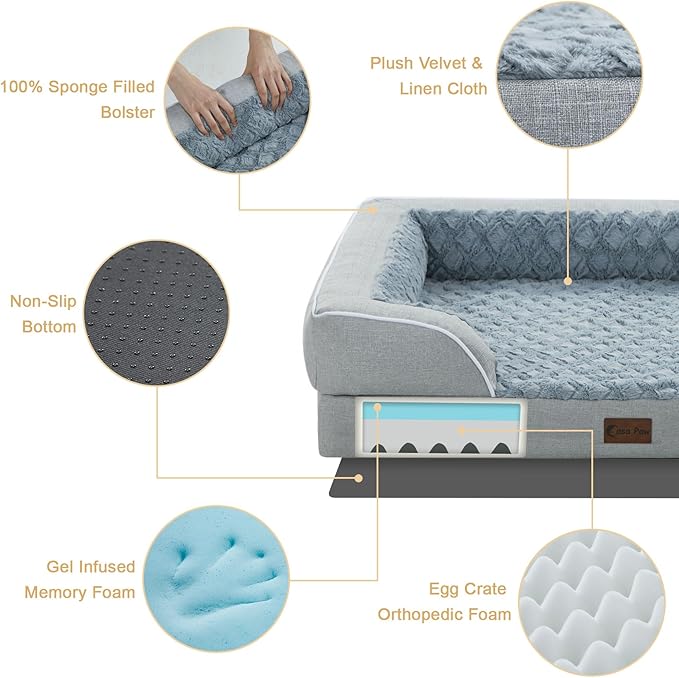 Orthopedic Dog Beds for Large Sized Dogs, Waterproof Memory Foam Large Pet Bed with Sides 36x27Inch, Non-Slip and Egg-Crate Foam Big Dog Couch Bed with Removable Washable Cover, Light Grey