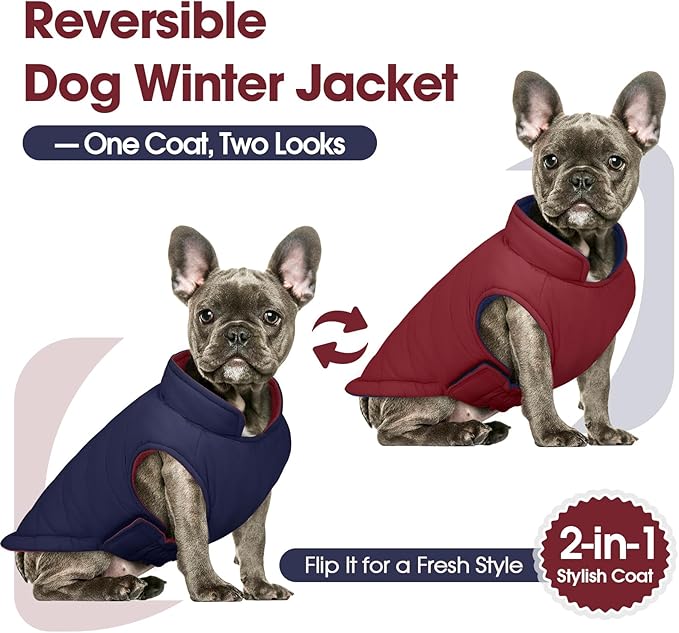 QBLEEV Reversible Dog Jacket for Large Dogs, Waterproof Windproof Winter Coat with Adjustable Hook & Loop Design, Lightweight Puffer Vest Keeps Dogs Warm & Dry, Wine Red, XL – Fits Pitbull, Boxer