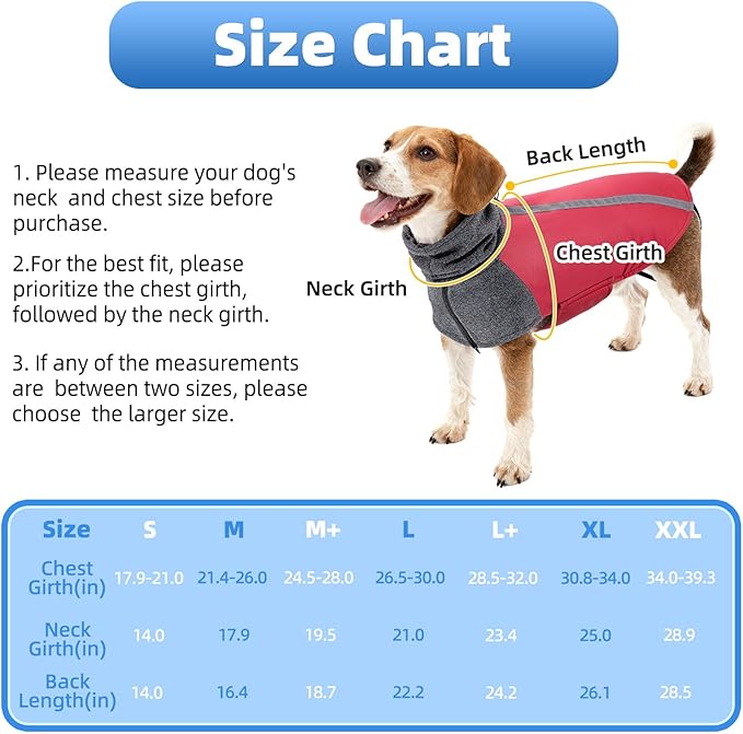 SlowTon Winter Dog Coat, Warm Polar Fleece Lining Doggie Outdoor Jacket with Turtleneck Scarf Reflective Stripe Adjustable Waterproof Windproof Puppy Vest Soft Pet Outfits (S,Red)