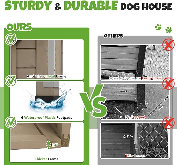 Large Outdoor Wooden Dog House, Weatherproof Dog Houses with Adjustable Vent Windows, Alloy Chew-Resistant Frame, Removable Floor for Medium & Large Dogs (43.5" L x 29.5" W x 33.5" H)