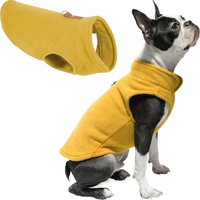 Gooby Fleece Vest Dog Sweater - Honey Mustard, Small - Warm Pullover Fleece Dog Jacket with O-Ring Leash for Small to Medium Dogs