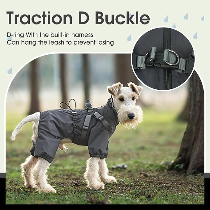 BRKURLEG Dog Raincoat with Harness for Small Dogs, Adjustable Waterproof Dog Rain Jacket, Reflective Rainproof Puppy 4 Legs Raincoat, Full Body Pet Rain Jacket, Dark Grey, M