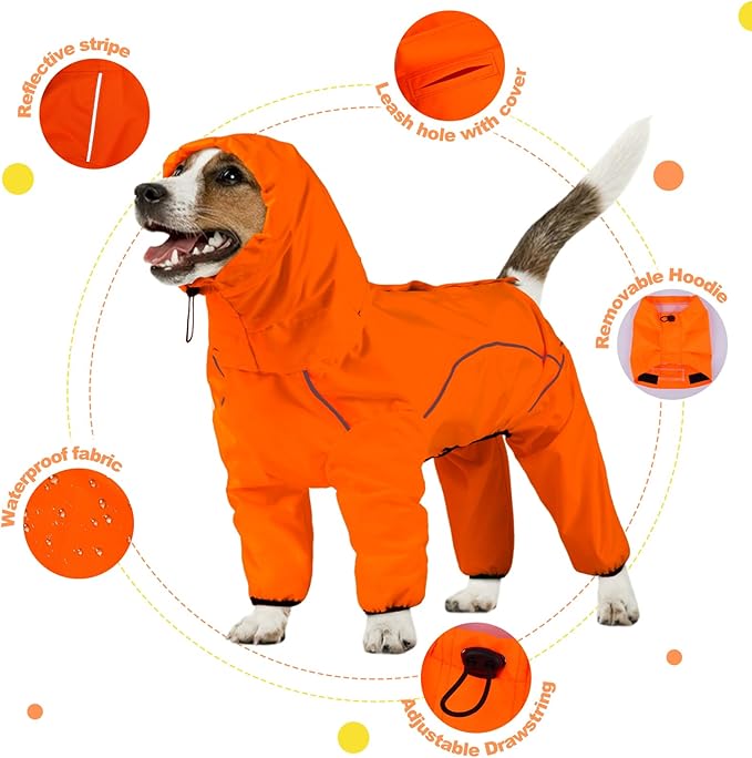 Dog Raincoat, Waterproof Dog Rain Jacket with Removable Hood，Adjustable 4 Legs Pet Poncho with Leash Hole，Reflective Stripe Hooded Snowproof Windproof Clothes for Small to 3X-Large Dogs, XL