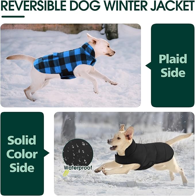 Kuoser Dog Winter Coat, Windproof Dog Fleece Jacket British Style Plaid Cold Weather Doggie Vest Coats, Reversible Cozy Warm Puppy Clothes Pet Apparel for Small Dogs XS