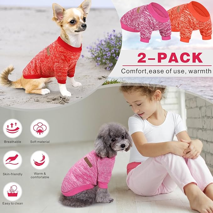 2 Pieces Pet Dog Classic Knitwear Sweater, Fleece Coat for Small,Medium Dogs,Warm Pet Dog Cat Clothes,Soft Puppy Customes for Chihuahua Yorkshire Tzu (Rose Red Orange,M)