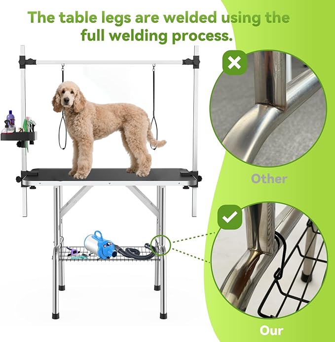 36" Large Dog Grooming Table, Non-Slip Tabletop with Adjustable Armrests, Lasso, Tool Organizer, Grid Tray, Foldable Home Pet Station, Maximum Weight Capacity 330 Ibs,Black