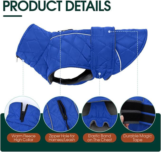 Kuoser Dog Coat, Extra Warm Dog Jacket Windproof Dogs Cold Weather Coats for Large Dogs, Fleece Lining Turtleneck Puppy Snowsuit Reflective Adjustable Pet Winter Clothes Christmas, Blue XL
