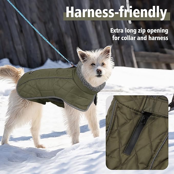 Fragralley Dog Coat Large, Waterproof Dog Jacket with Warm Fleece Lining, Adjustable Reflective Dogs Winter Coat, Turtleneck Pet Coats for Cold Weather (ArmyGreen XL)
