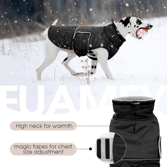 FUAMEY Warm Dog Coat for Cold Weather, Waterproof Large Dogs Jackets Fleece Lined, Adjustable Doggy Thermal Vest Sleeveless, Pet Winter Snowsuit Windpproof (Black, L)